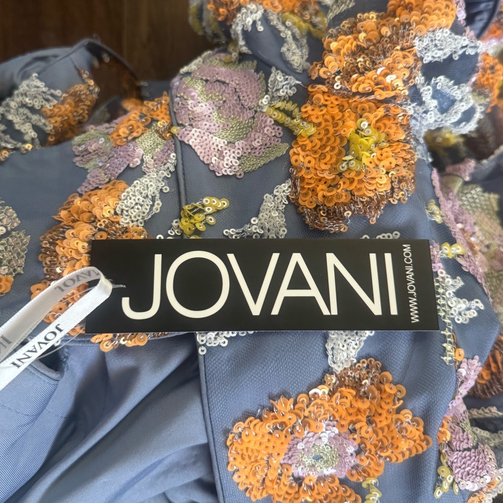 Jovani Blue and Gold Floral sequin Backless Dress - Picture 5 of 7